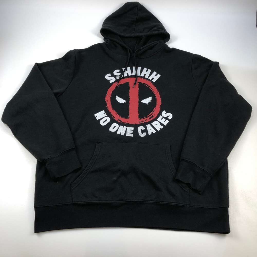 Marvel Hoodie Mens XL Deadpool Sshhhh No One Cares Black Graphic Pullover EUC